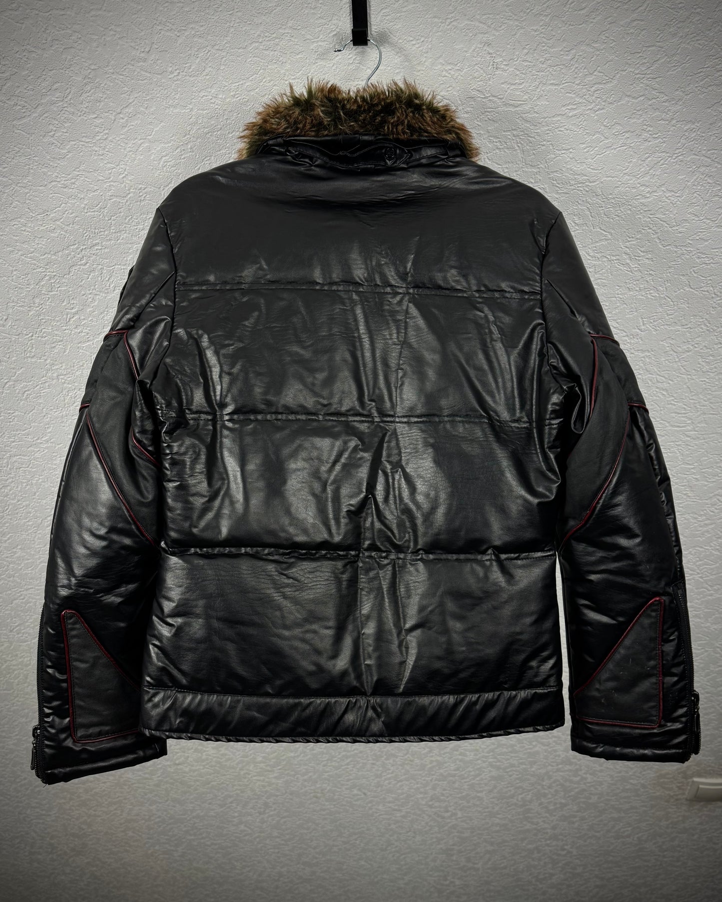 Point Chary Fur Collar Leather Light Puffer Jacket