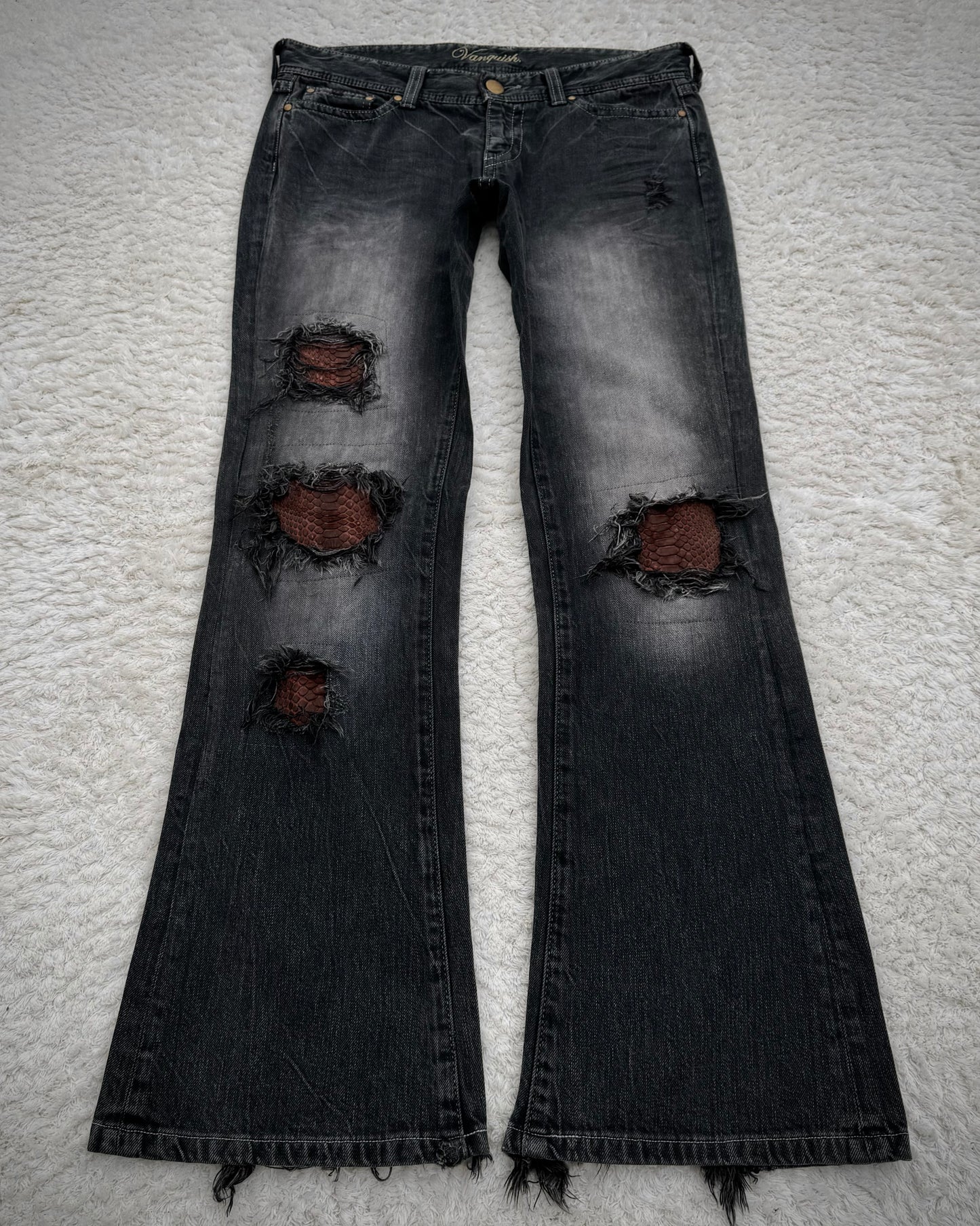 Vanquish Bordeaux Python Repaired Distressing Flared Jeans