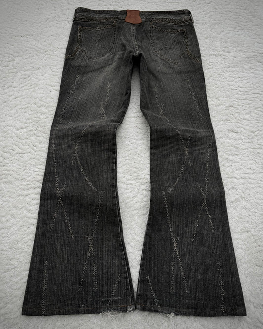 Obelisk Studded Distressed Design Flared Jeans
