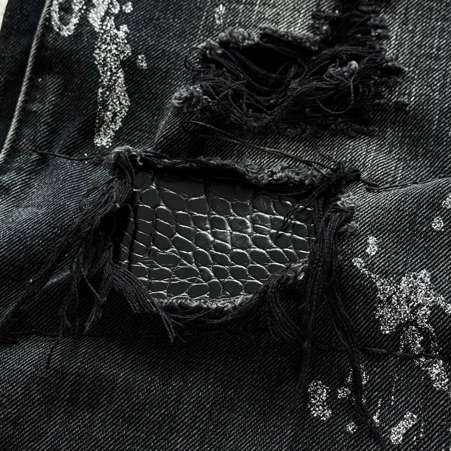 White Meteor Croco Repaired Distressing Silver Wax Flared Jeans
