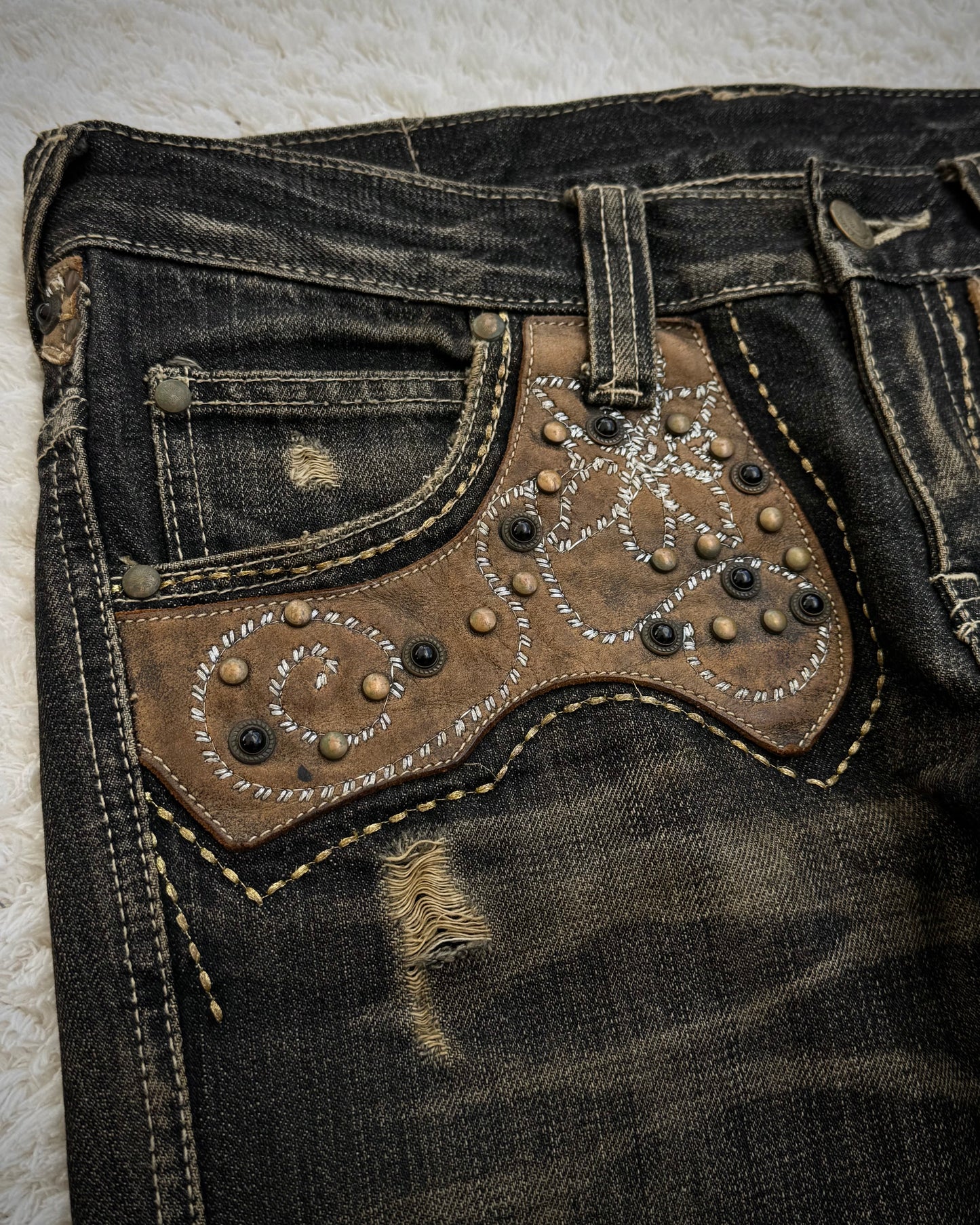 Tornado Mart Western Studded Leather Panels Flared Jeans