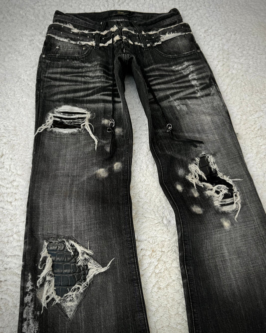 Midas Croc Repaired Silver Waxed Lace Up Bootcut Jeans