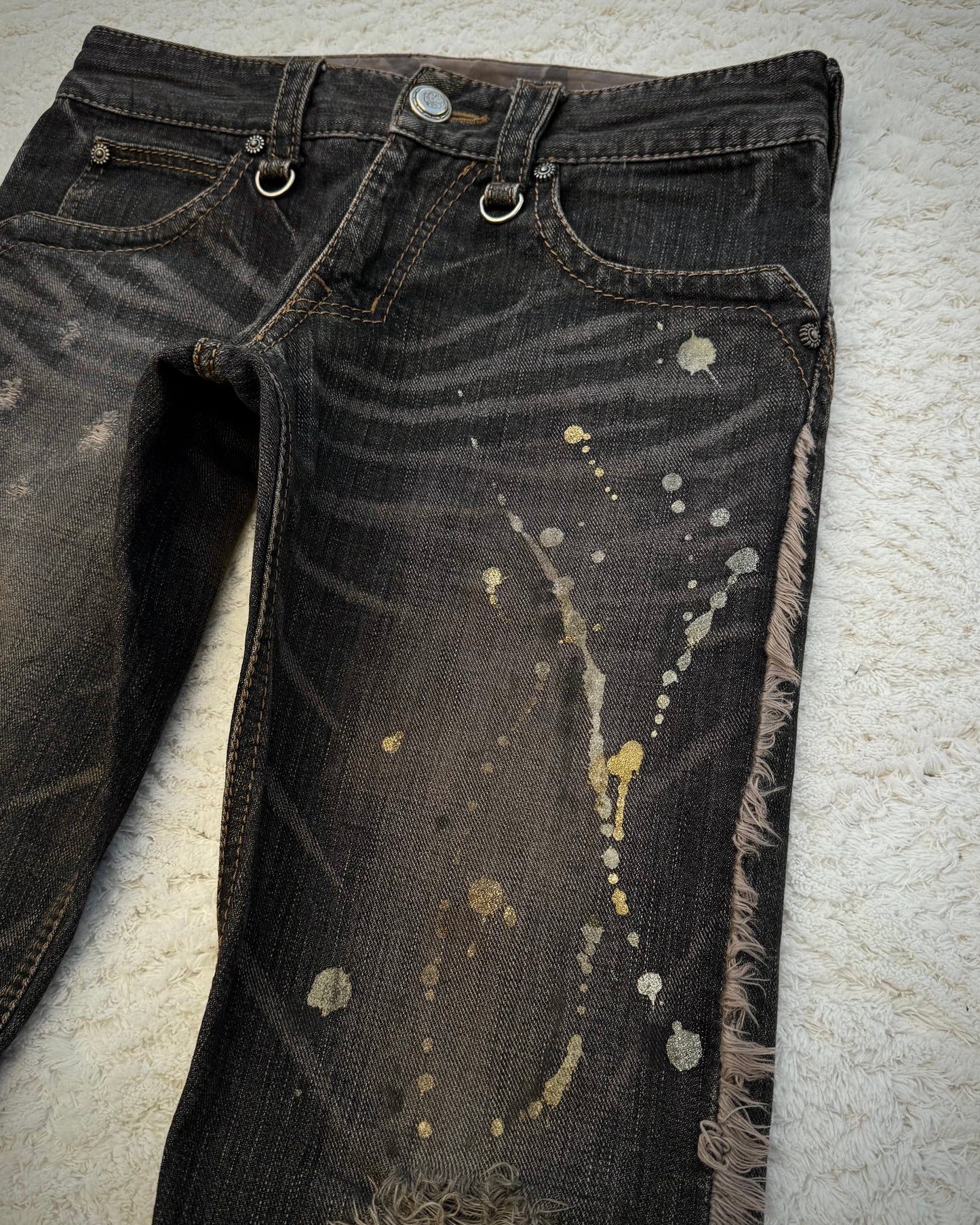 Obelisk Fringed Paint Splatter Flared Jeans