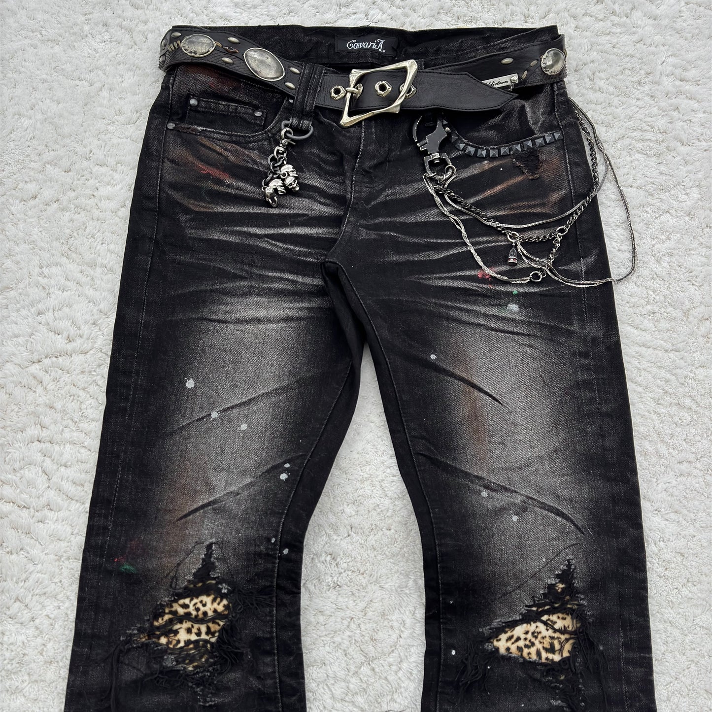 CavariA Cheetah Repair Distressed Bootcut Jeans