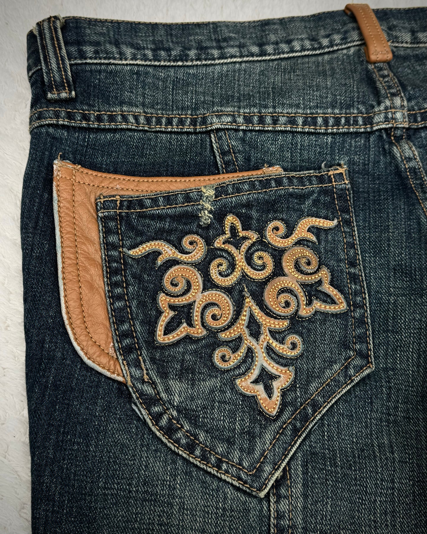 Tornado Mart Leather Tribal Mud Washed Flared Jeans