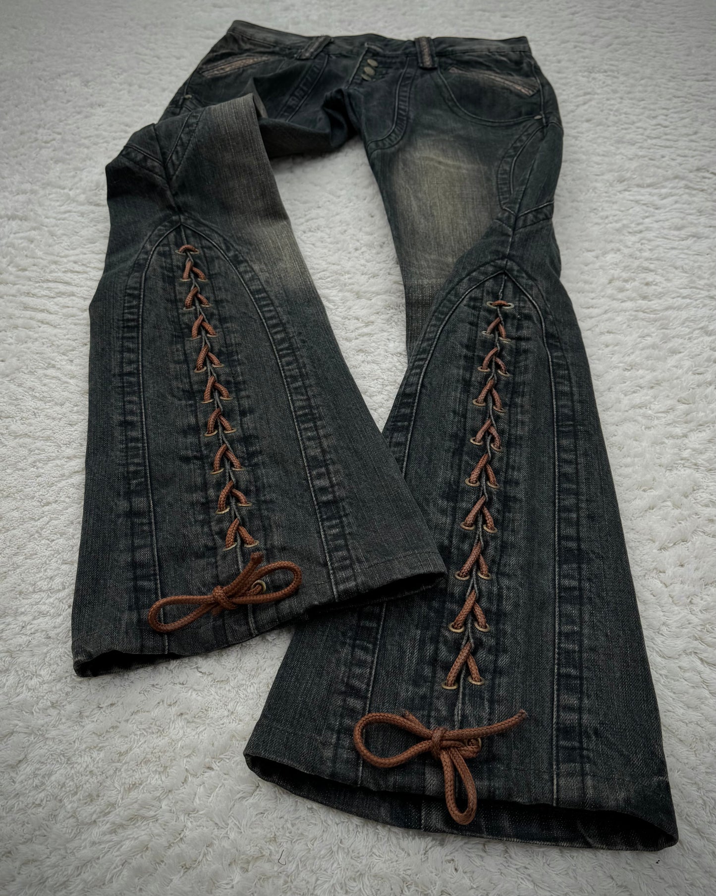 Tornado Mart Mud Washed Python Detailed Lace Up Flared Jeans