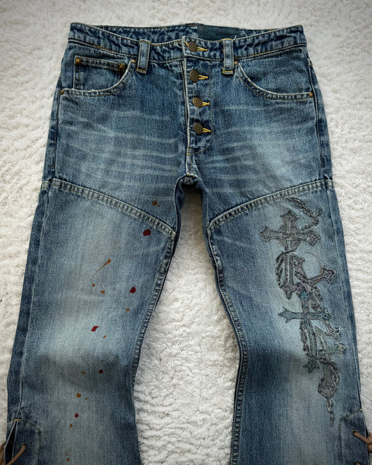 Tornado Mart Cross Embroideries Lace Up Flared Jeans