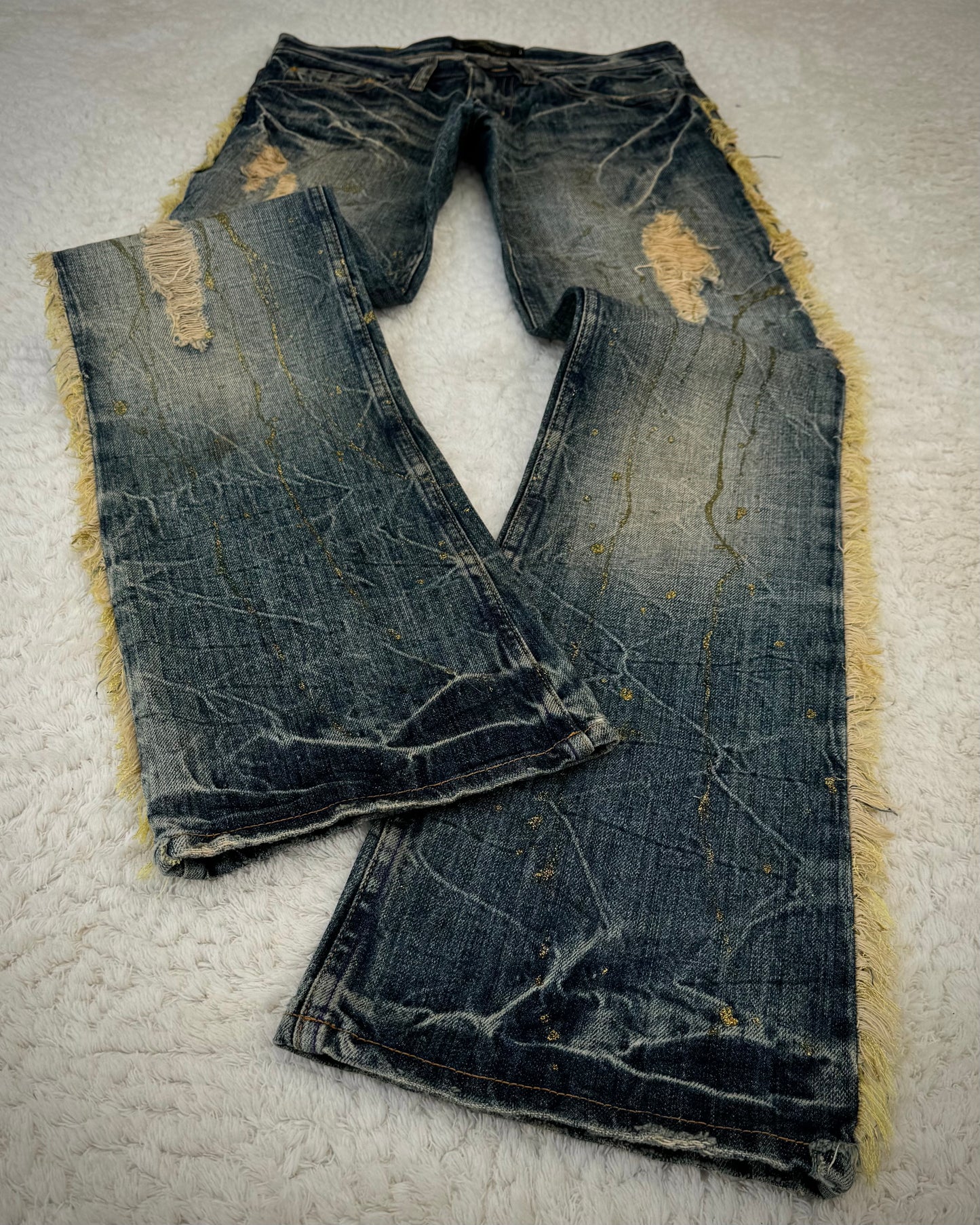 Midas Fringed Gold Splatter Distressed Bootcut Jeans