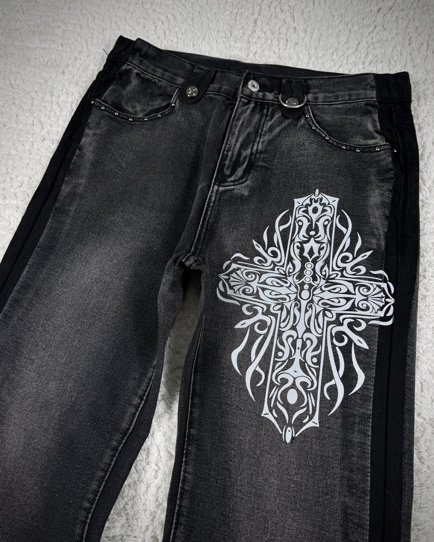 Cross Print Leather Hardware Detailed Wide Leg Bootcut Denim