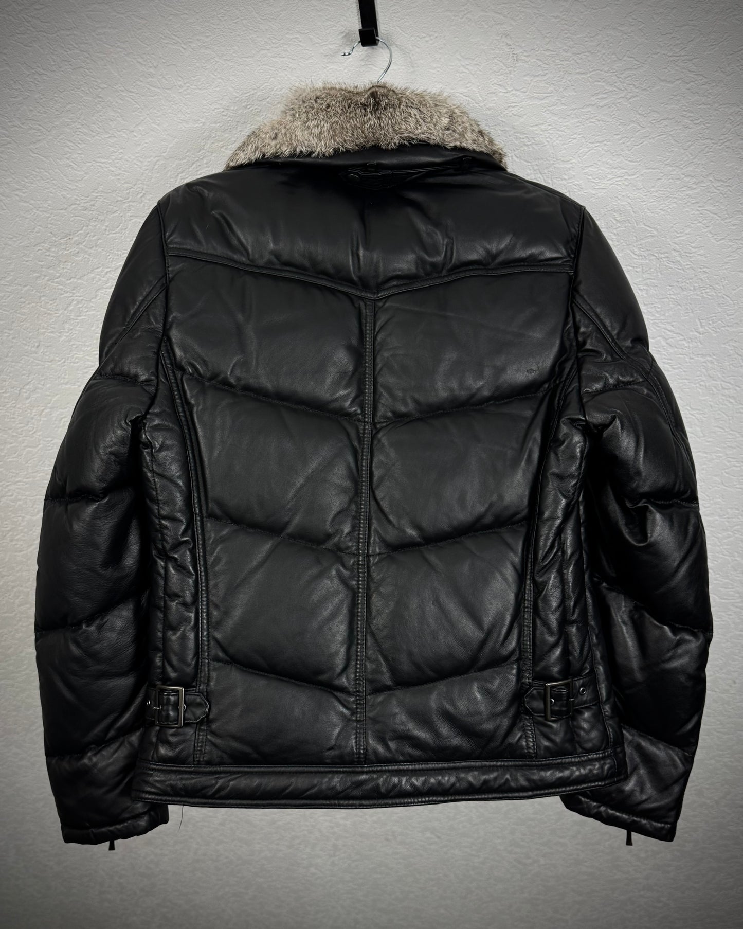 Michel Klein Fur Collar Leather Puffer Jacket