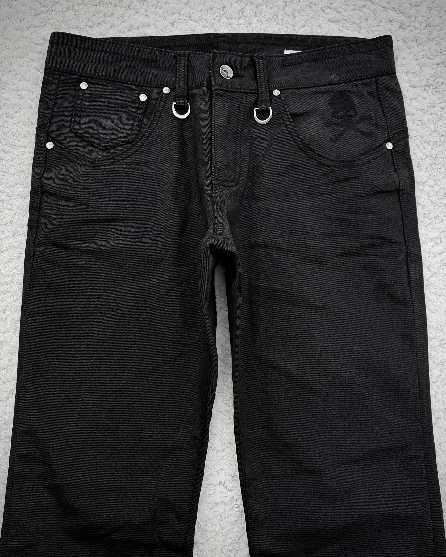 Semantic Design Skull Embroideries Waxed Bootcut Pants