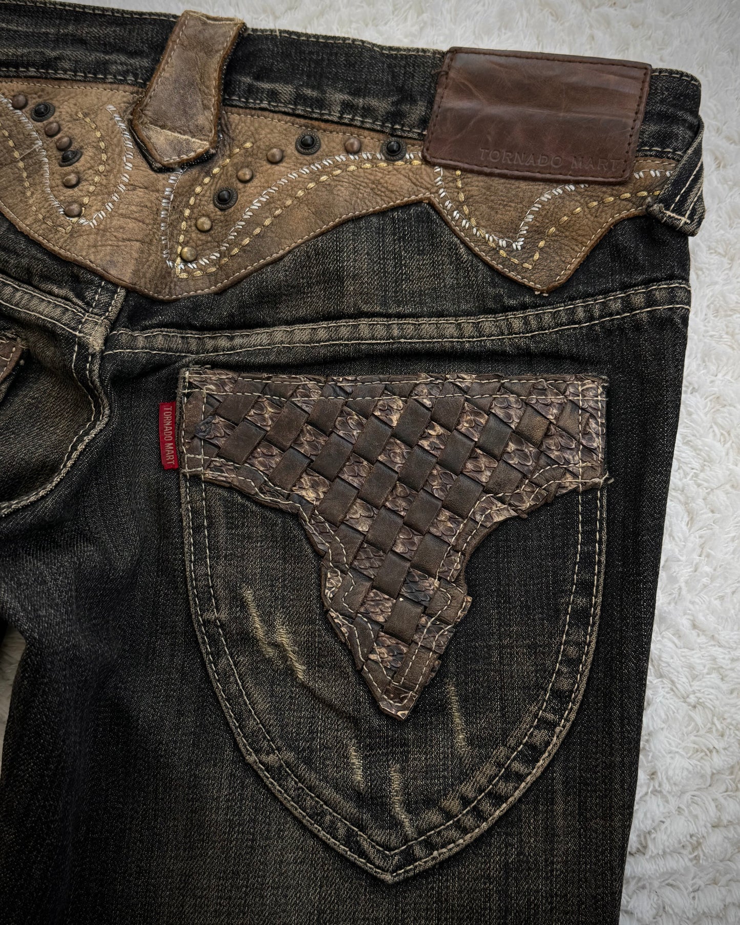 Tornado Mart Western Studded Leather Panels Flared Jeans