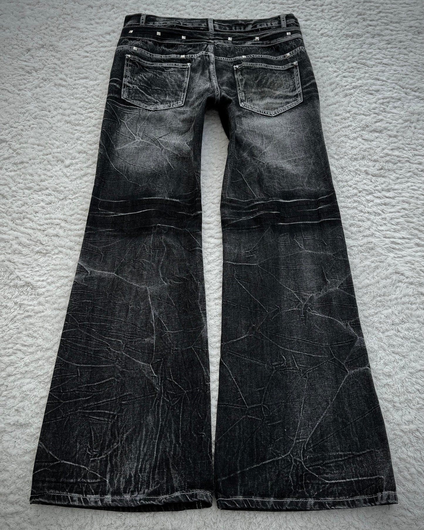 Double Waisted Lace Up Studded Distressed Flared Jeans