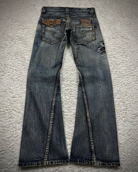 Semantic Design Python Detailed Mud Washed Spiral Flared Jeans