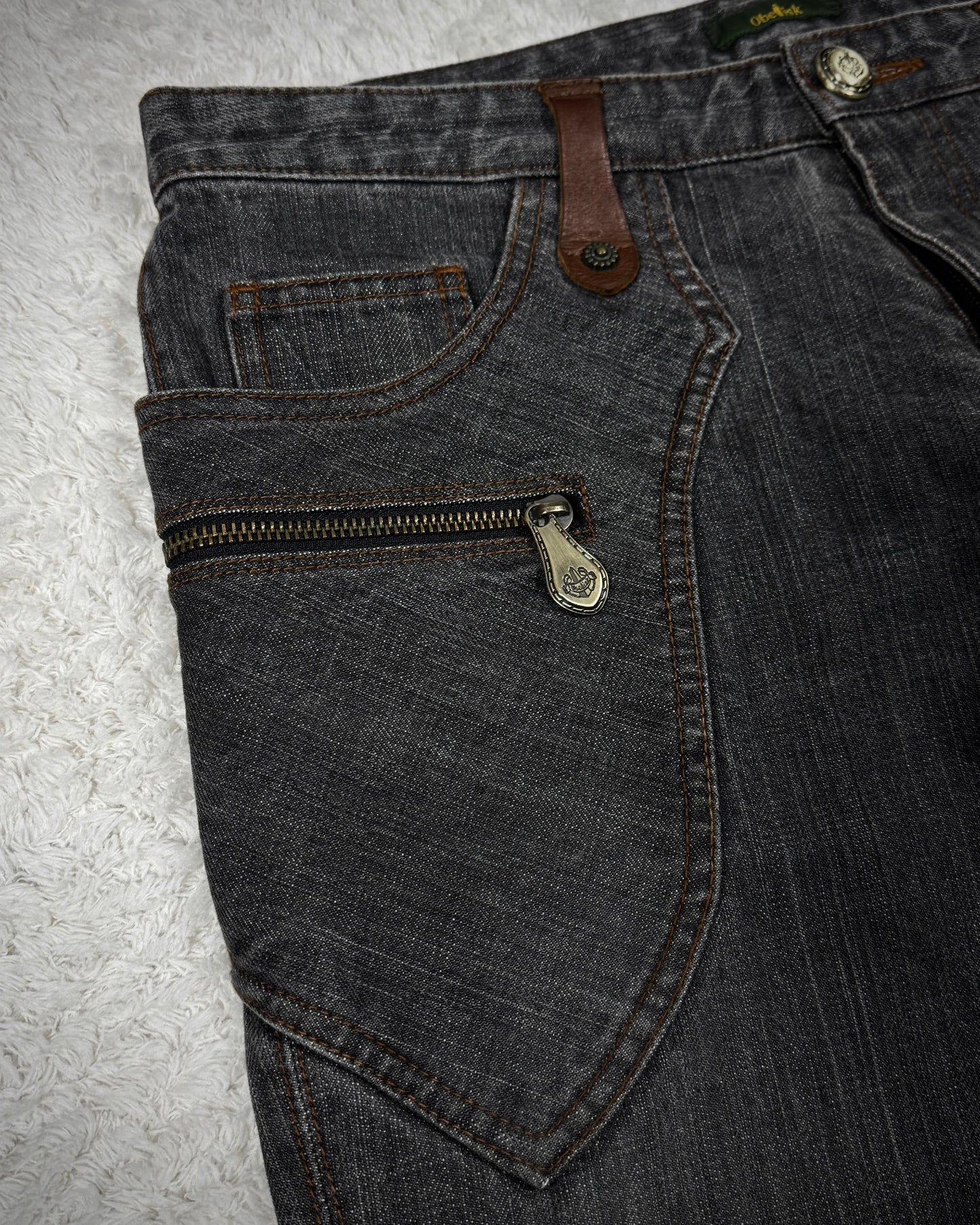 Obelisk Vintage Leather Pocket Flared Jeans