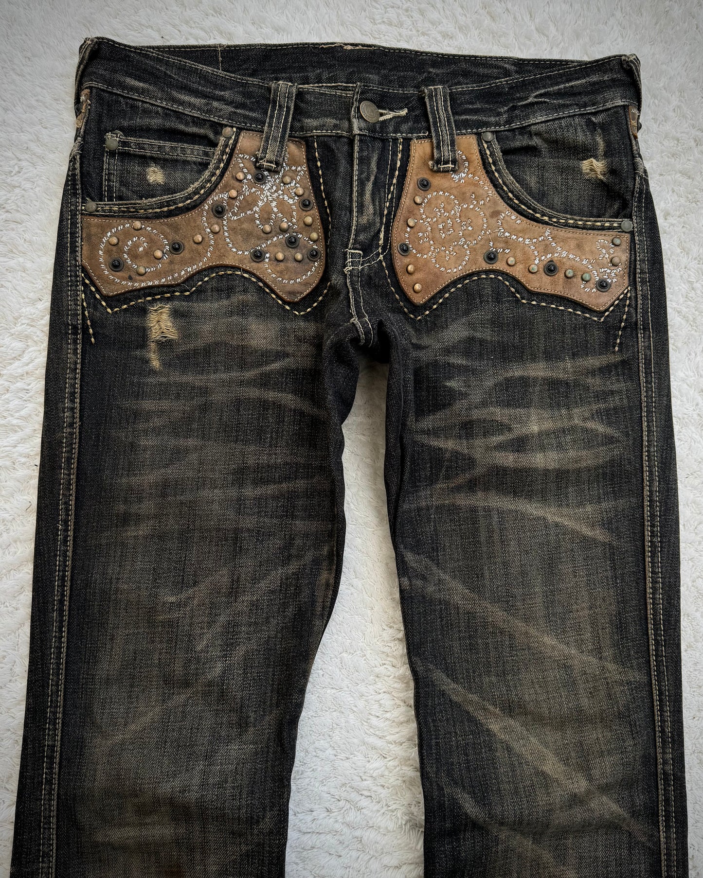 Tornado Mart Western Studded Leather Panels Flared Jeans