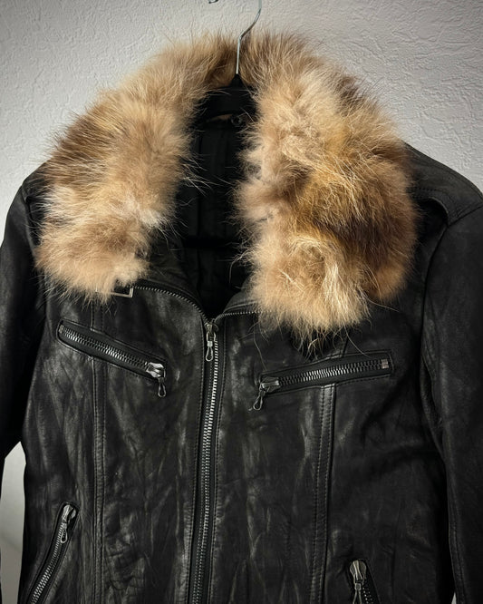 Shellac Fur Collar Textured Leather Jacket
