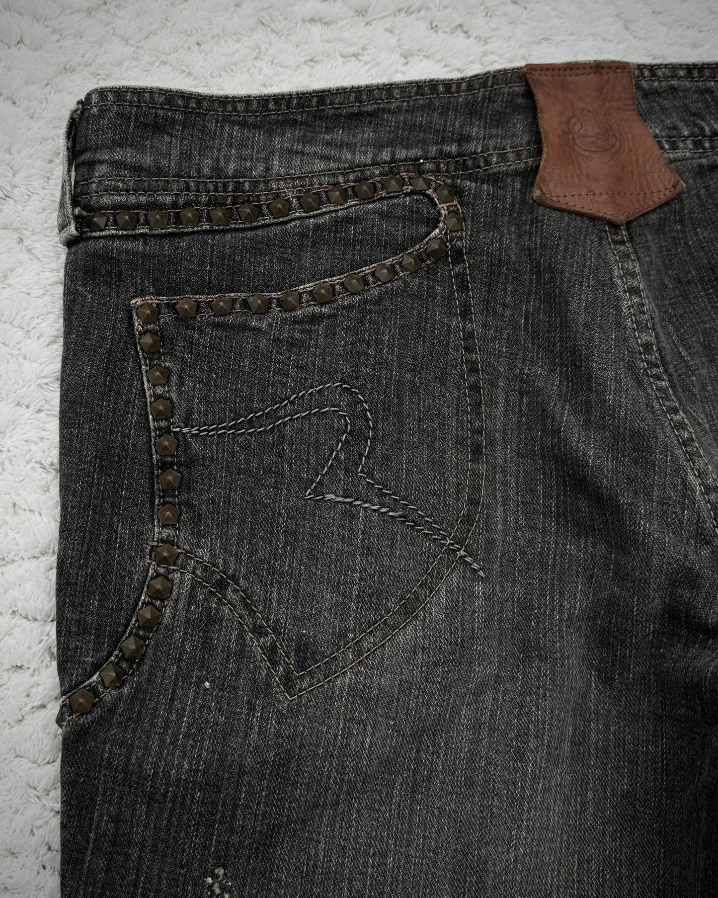 Obelisk Studded Distressed Design Flared Jeans