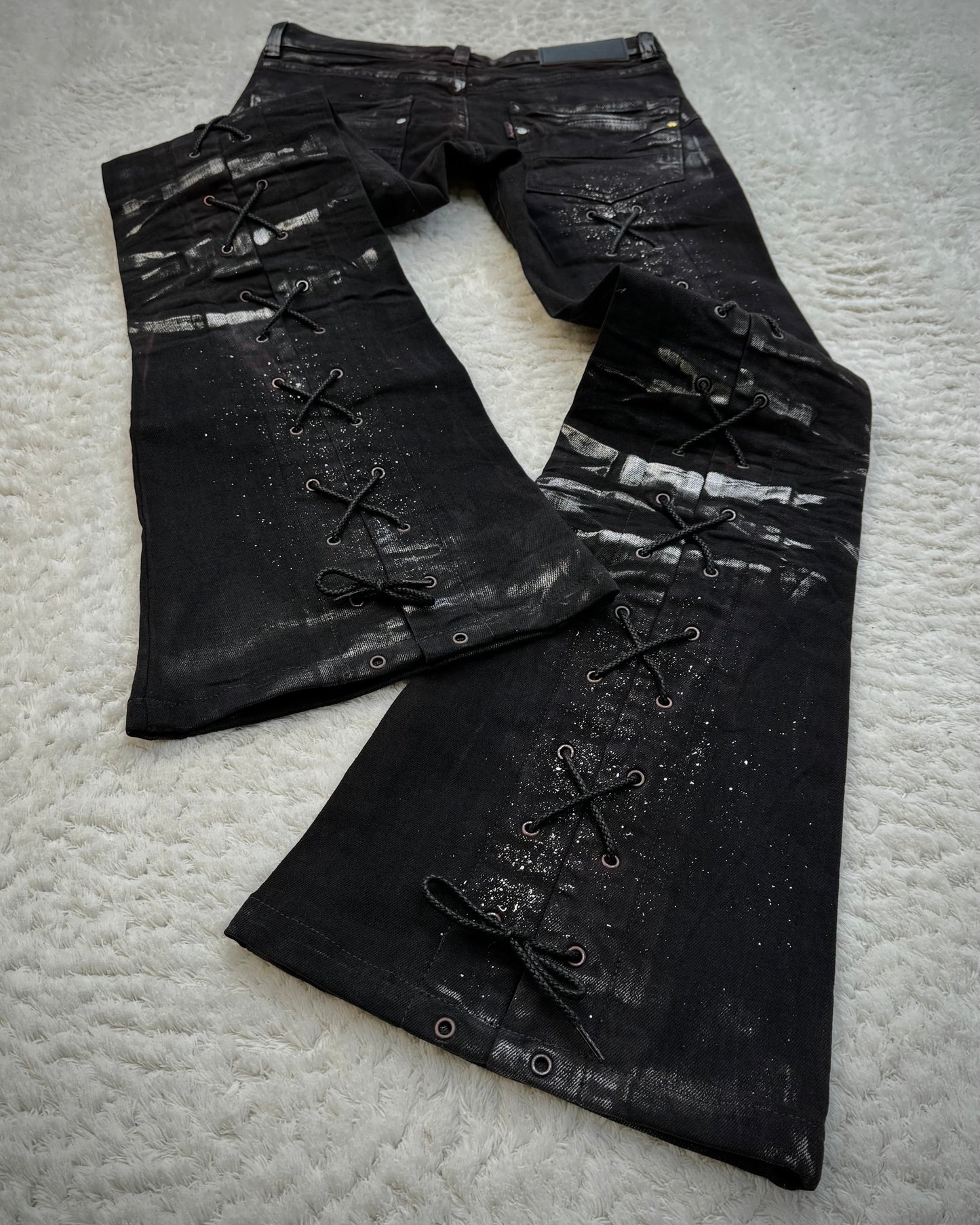 Tornado Mart Silver Waxed Backlace Flared Jeans