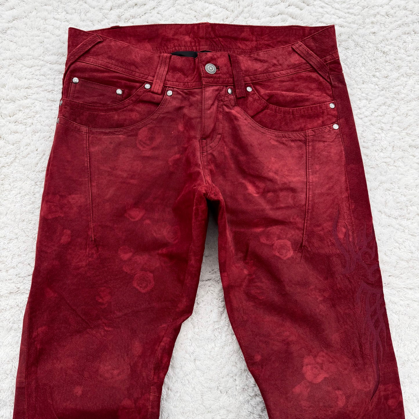 Tornado Mart Bloody Suede Leather Tribal Embroidery Flared Pants