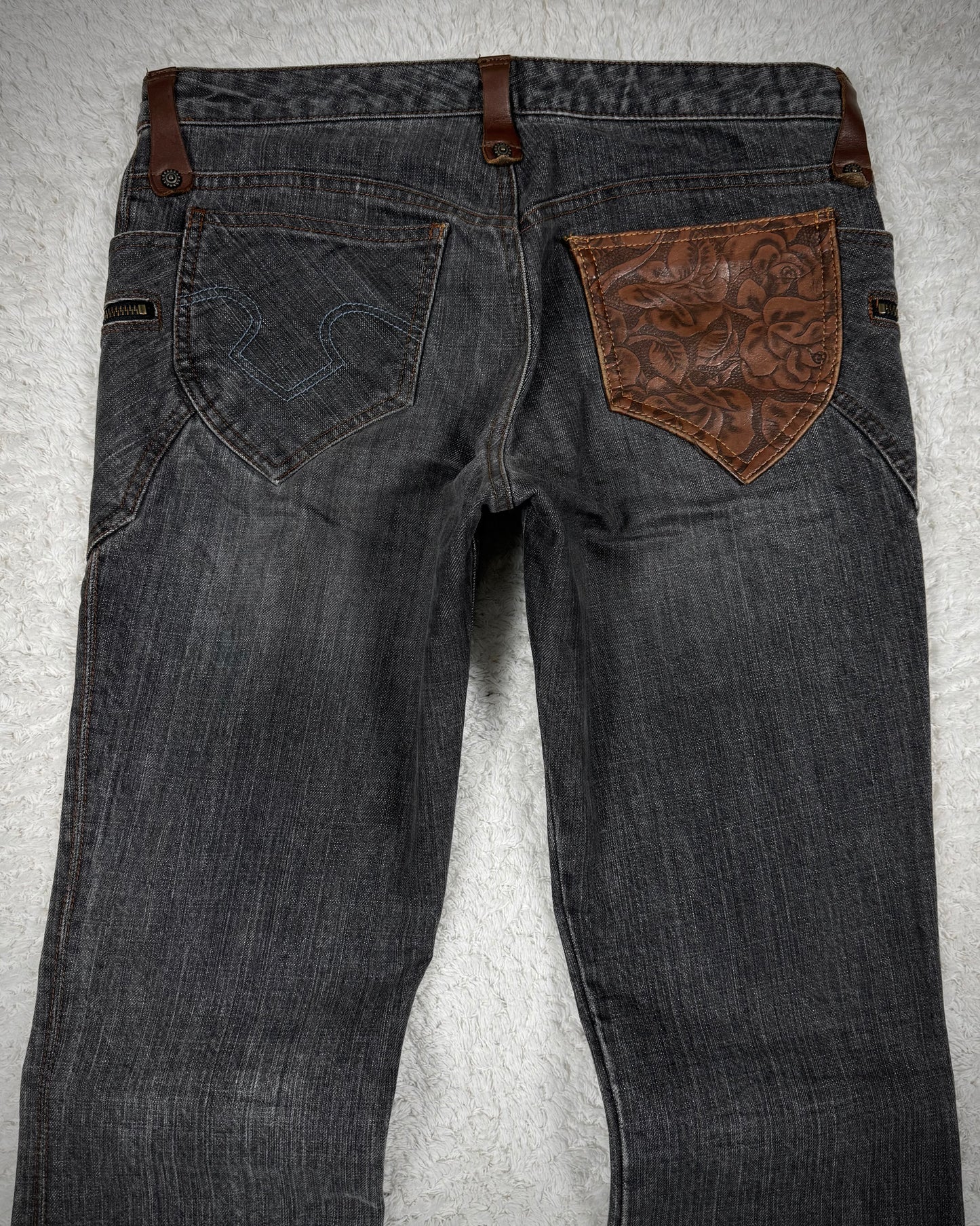 Obelisk Vintage Leather Pocket Flared Jeans