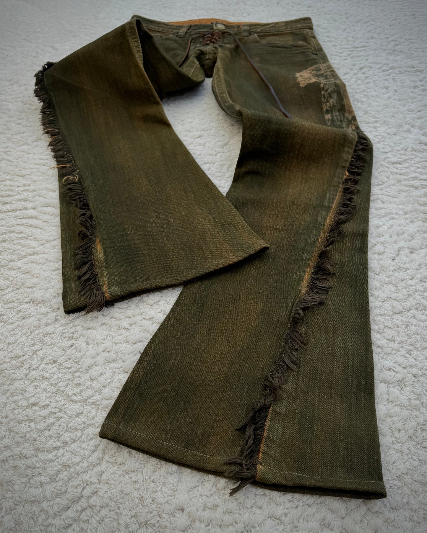Obelisk Fringed Mud Washed Lace Up Flared Jeans