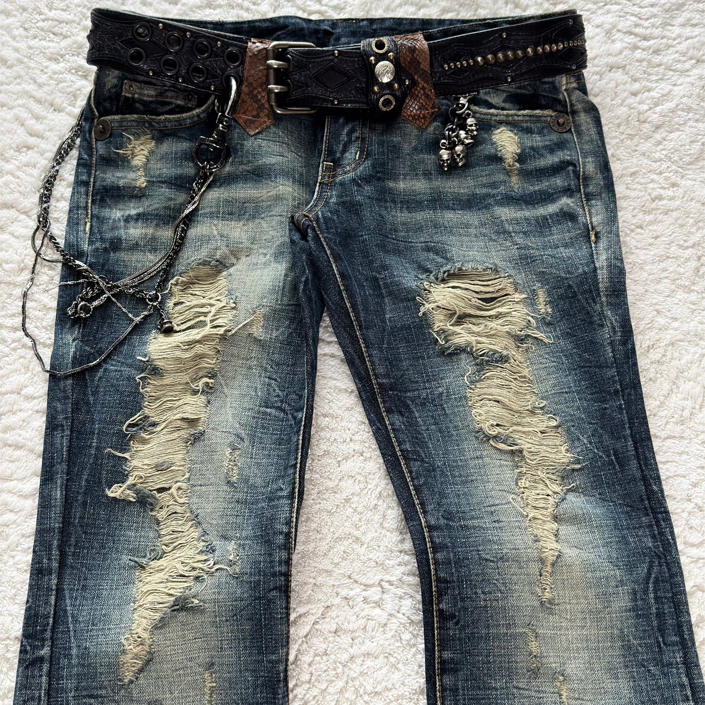 Select Jean Distressed Python Flared Lace-Up Jeans