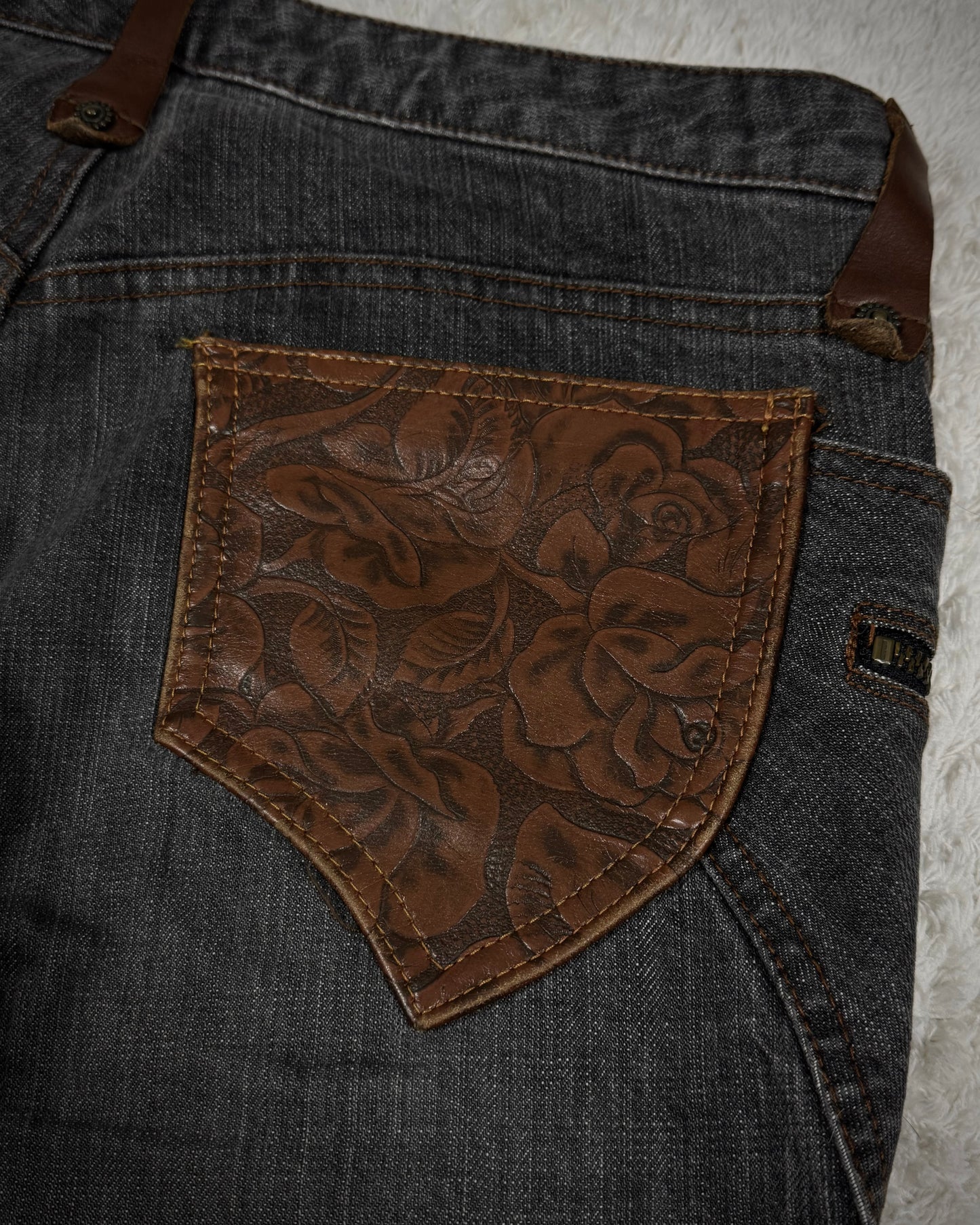 Obelisk Vintage Leather Pocket Flared Jeans