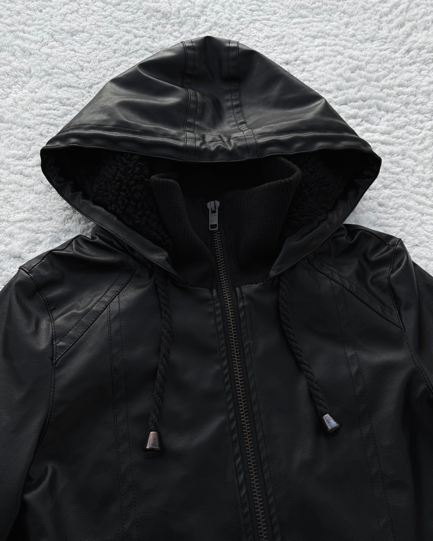Glad News Hooded High Neck Leather Jacket