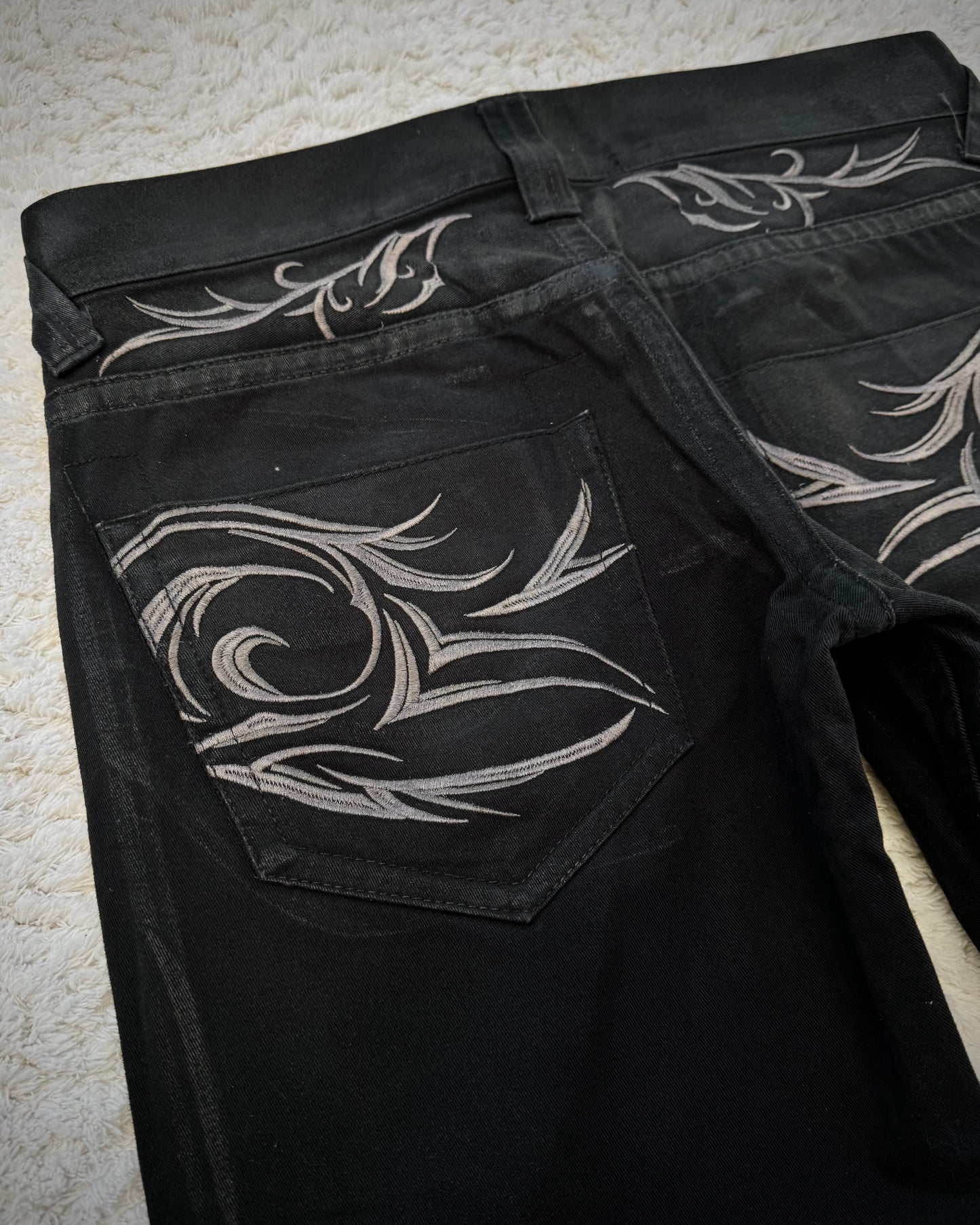 Tornado Mart Xray Waxed Tribal Embroidery Flared Jeans