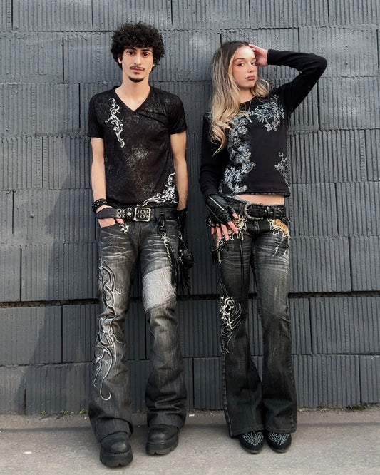 Tornado Mart Tribal Embroidery Flared Jeans