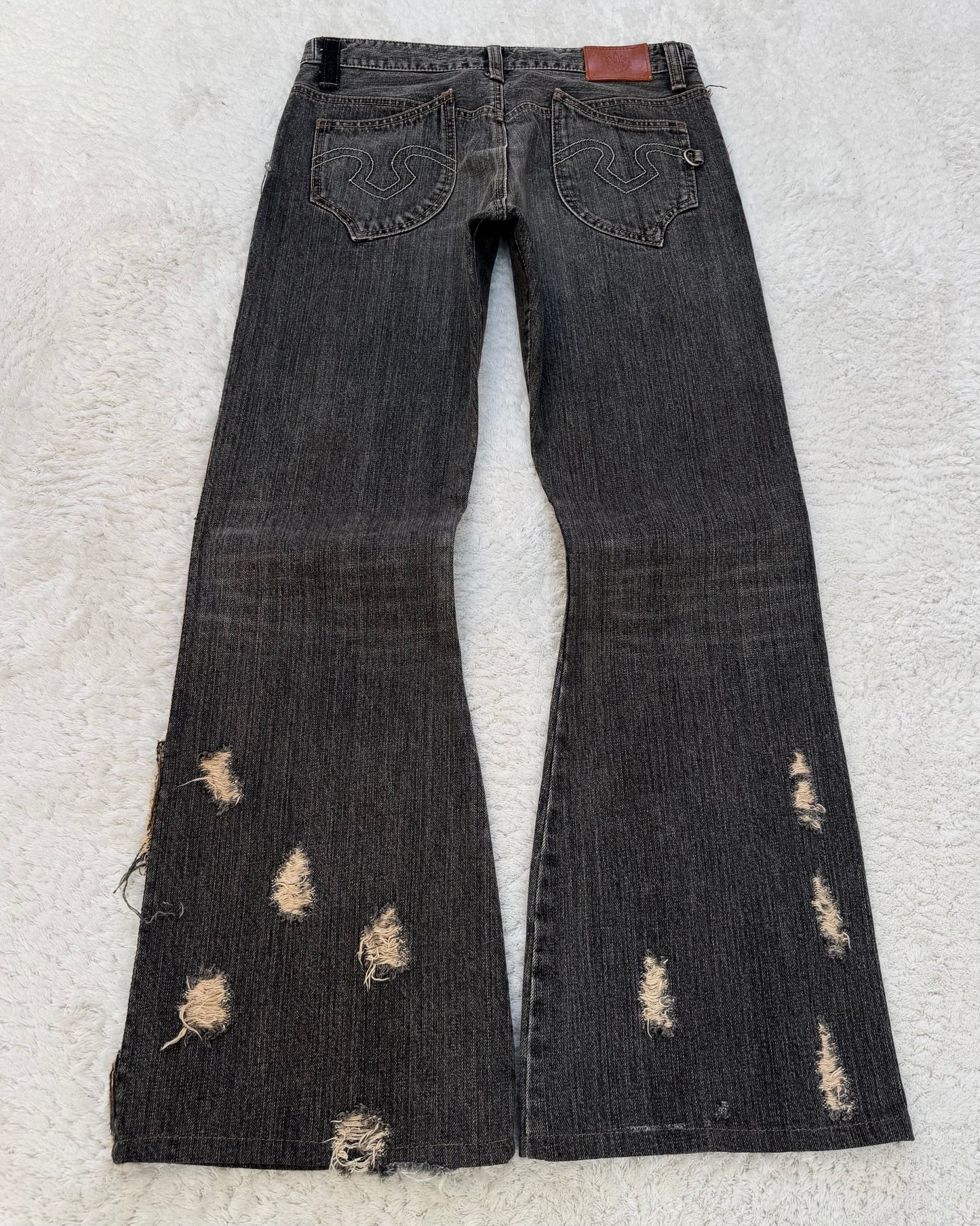 Obelisk Fringe Distressed Flared Jeans