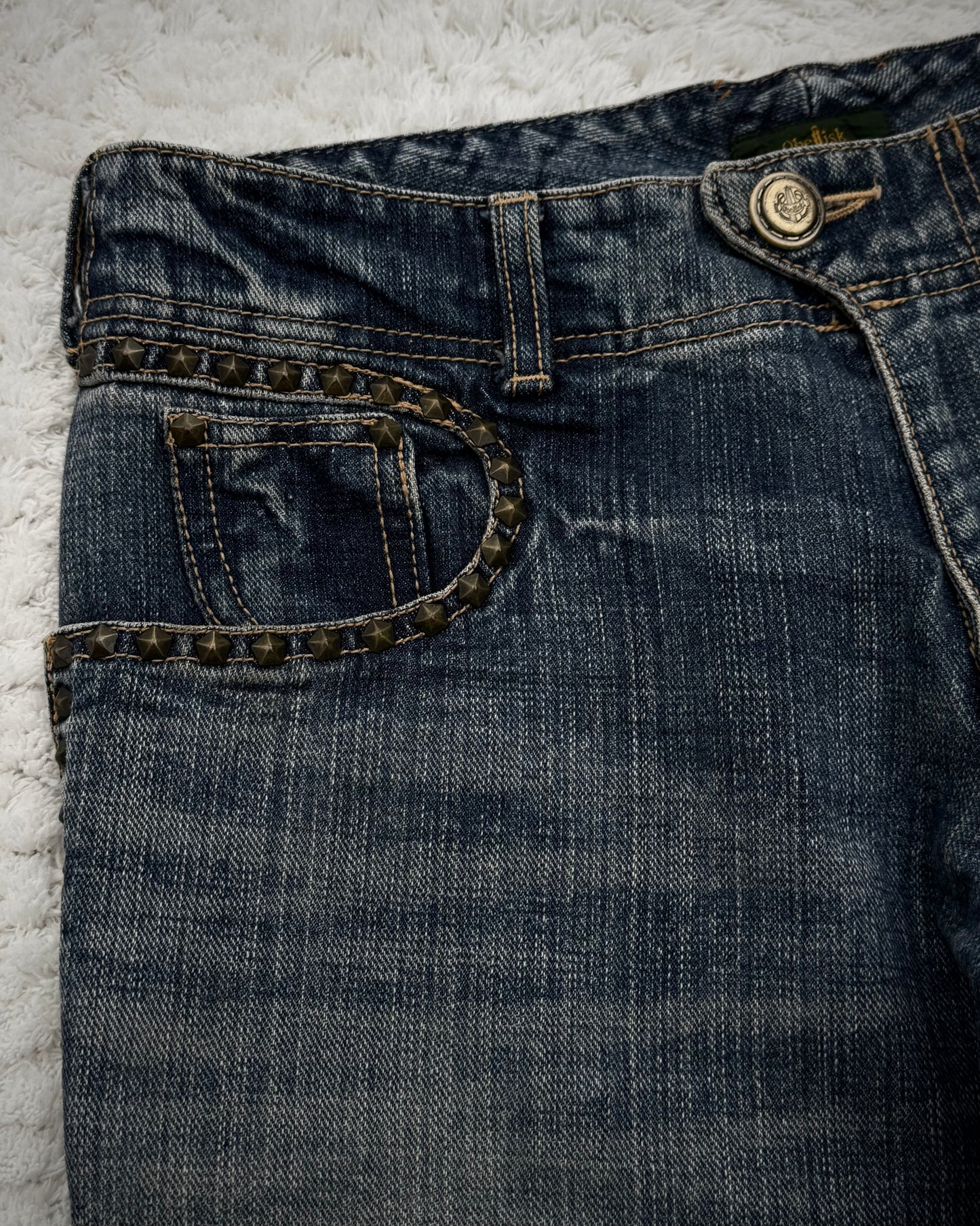 Obelisk Studded Distressed Design Flared Jeans