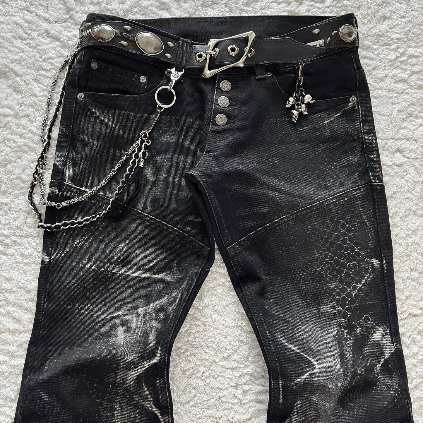 Tornado Mart Snakeskin Imprint Flared Lace-Up Jeans