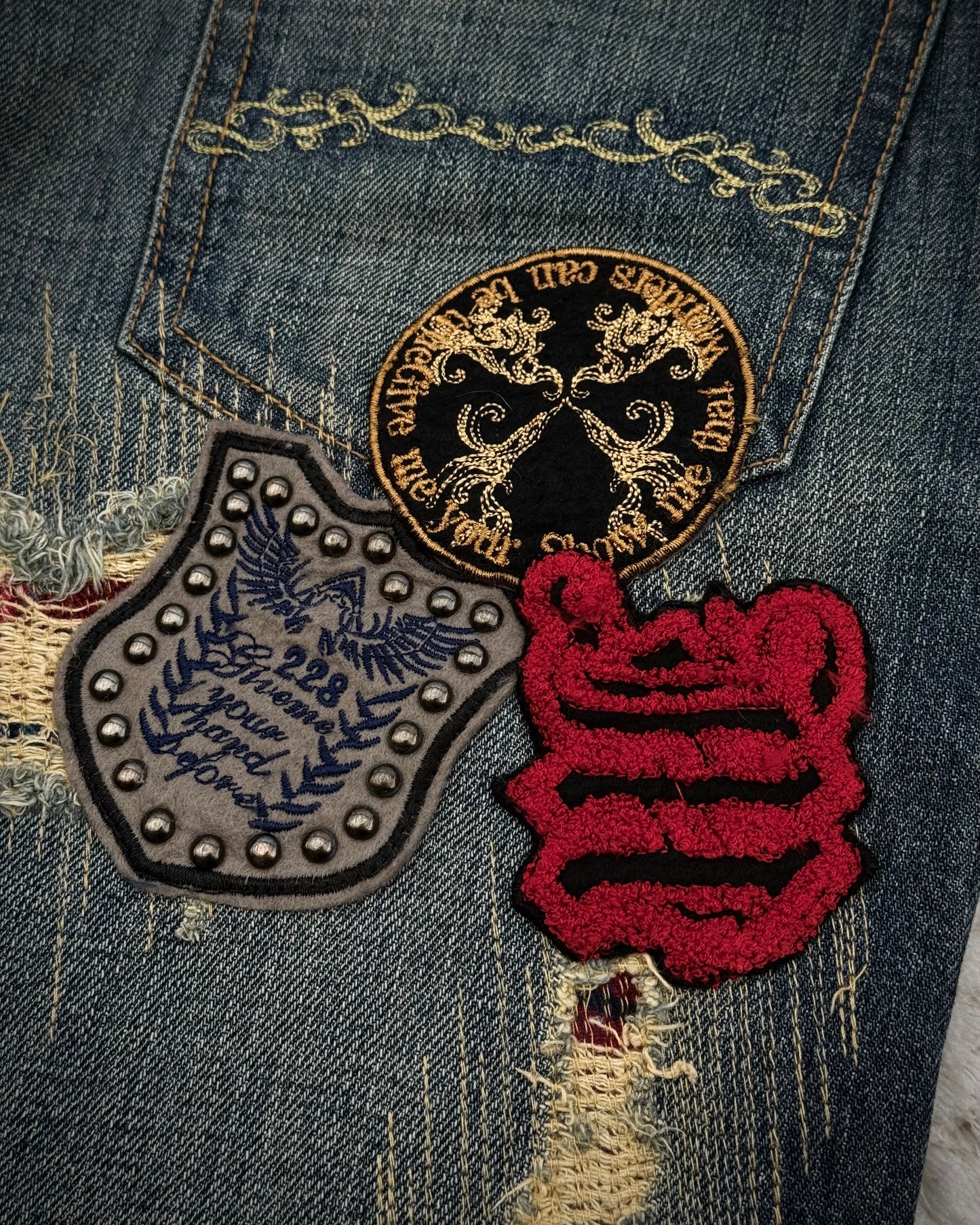 Midas Stitch Repaired Distressed Flared Jeans