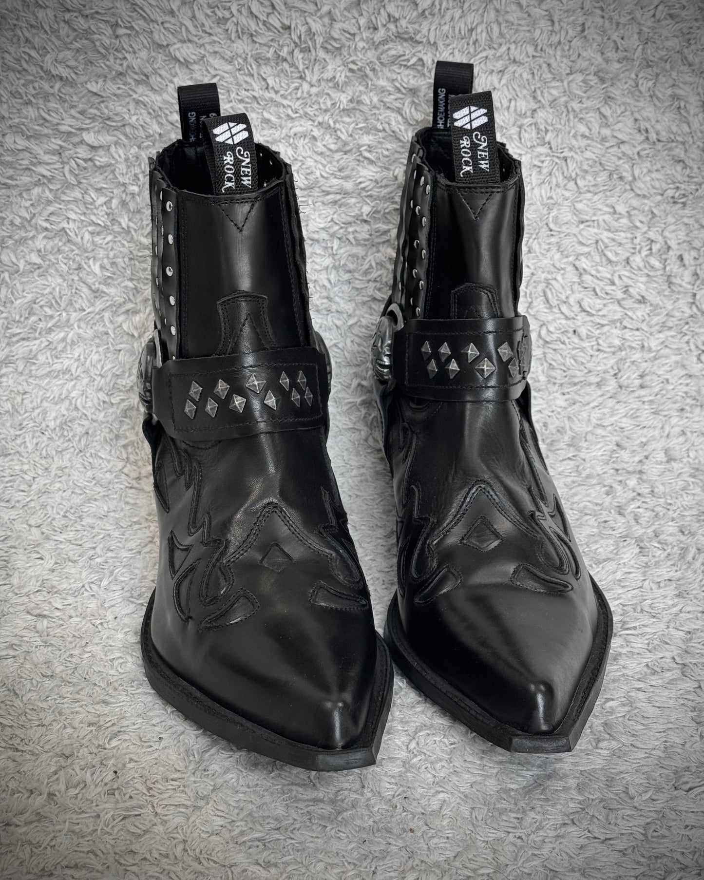 New Rock Studded Steel Heel Harness Leather Boots