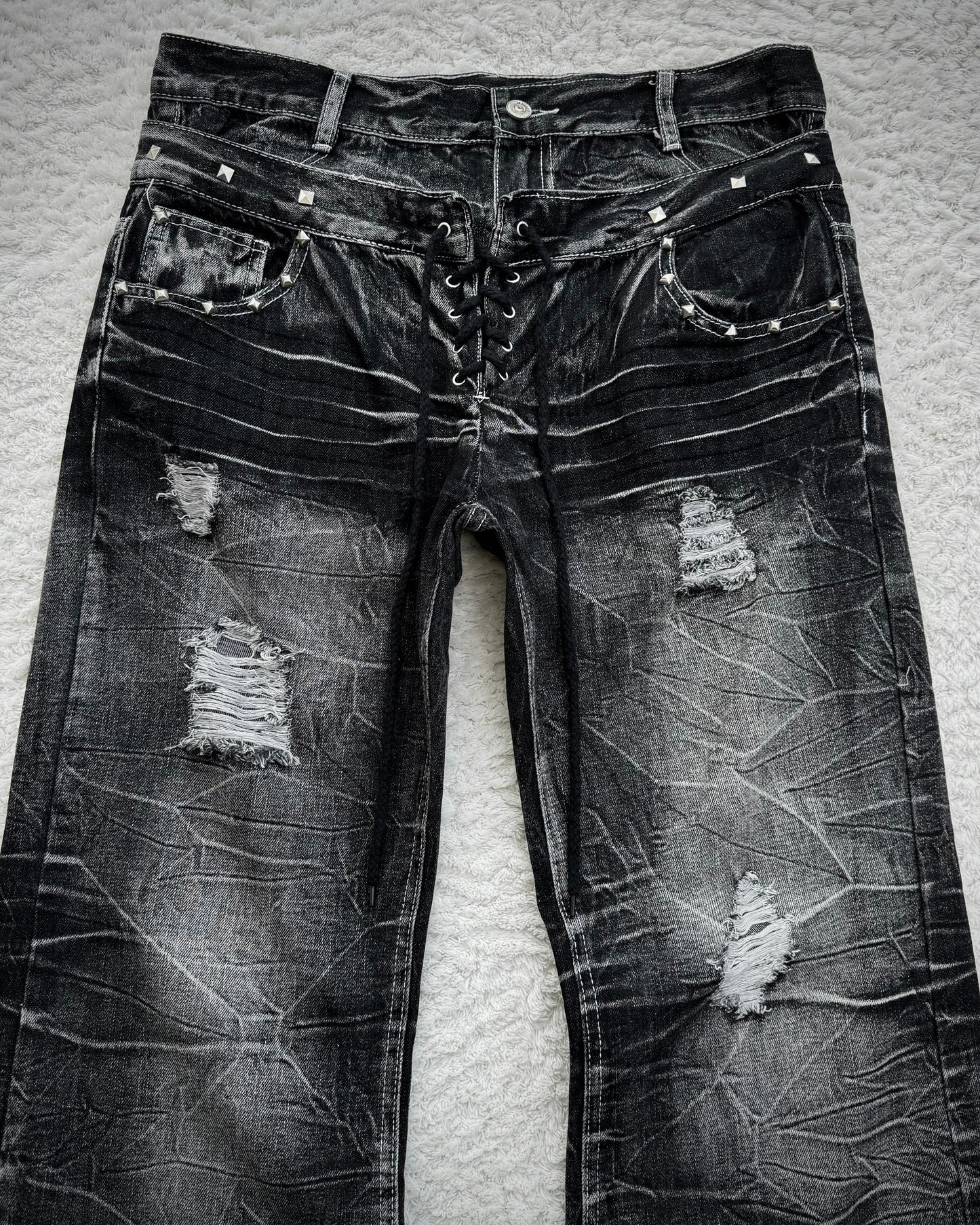 Double Waisted Lace Up Studded Distressed Flared Jeans