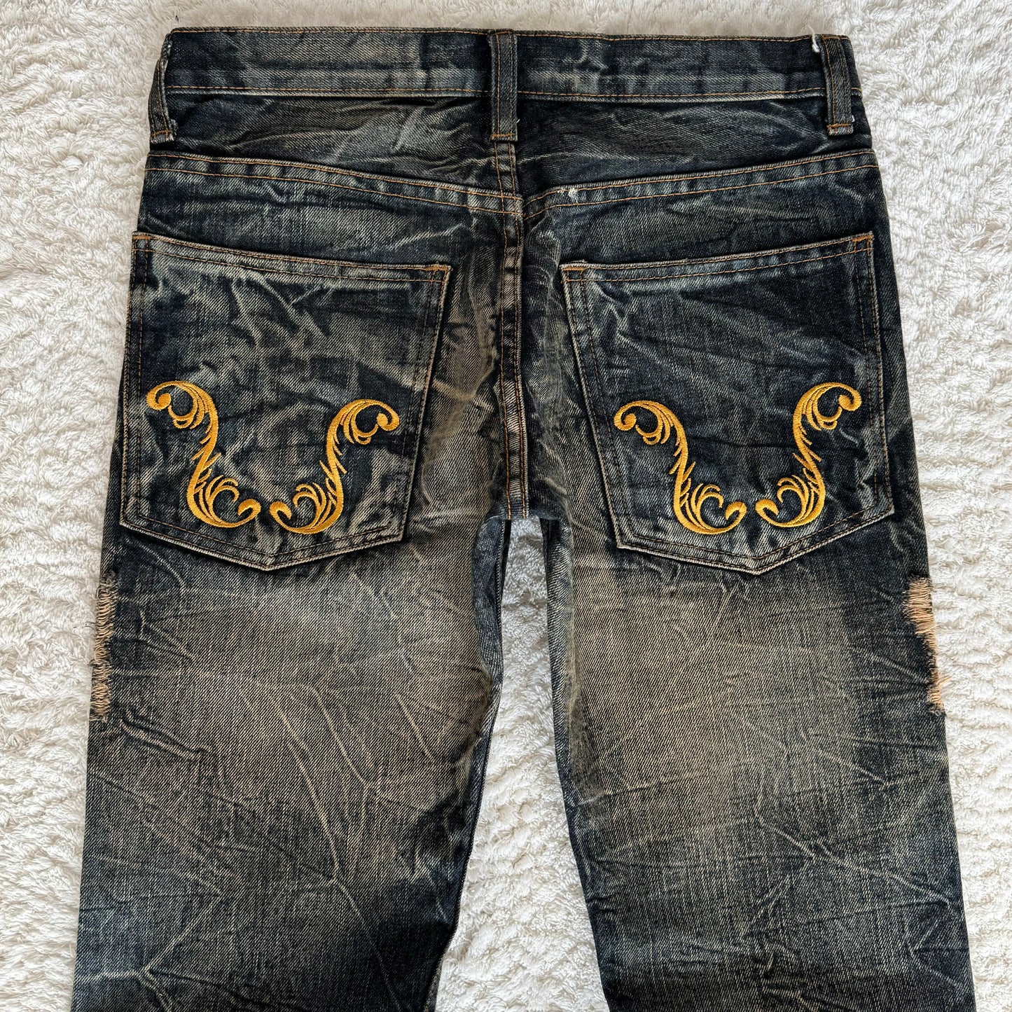 K.U.I. Baroque Embroidery Distressed Flared Jeans