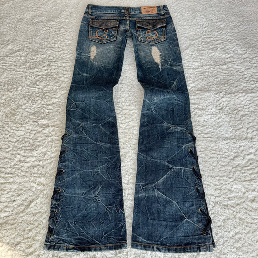 Confidential Python Detailed Lace Up Flared Jeans