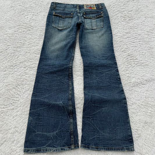 Beast Studded Flap Pockets Flared Denim