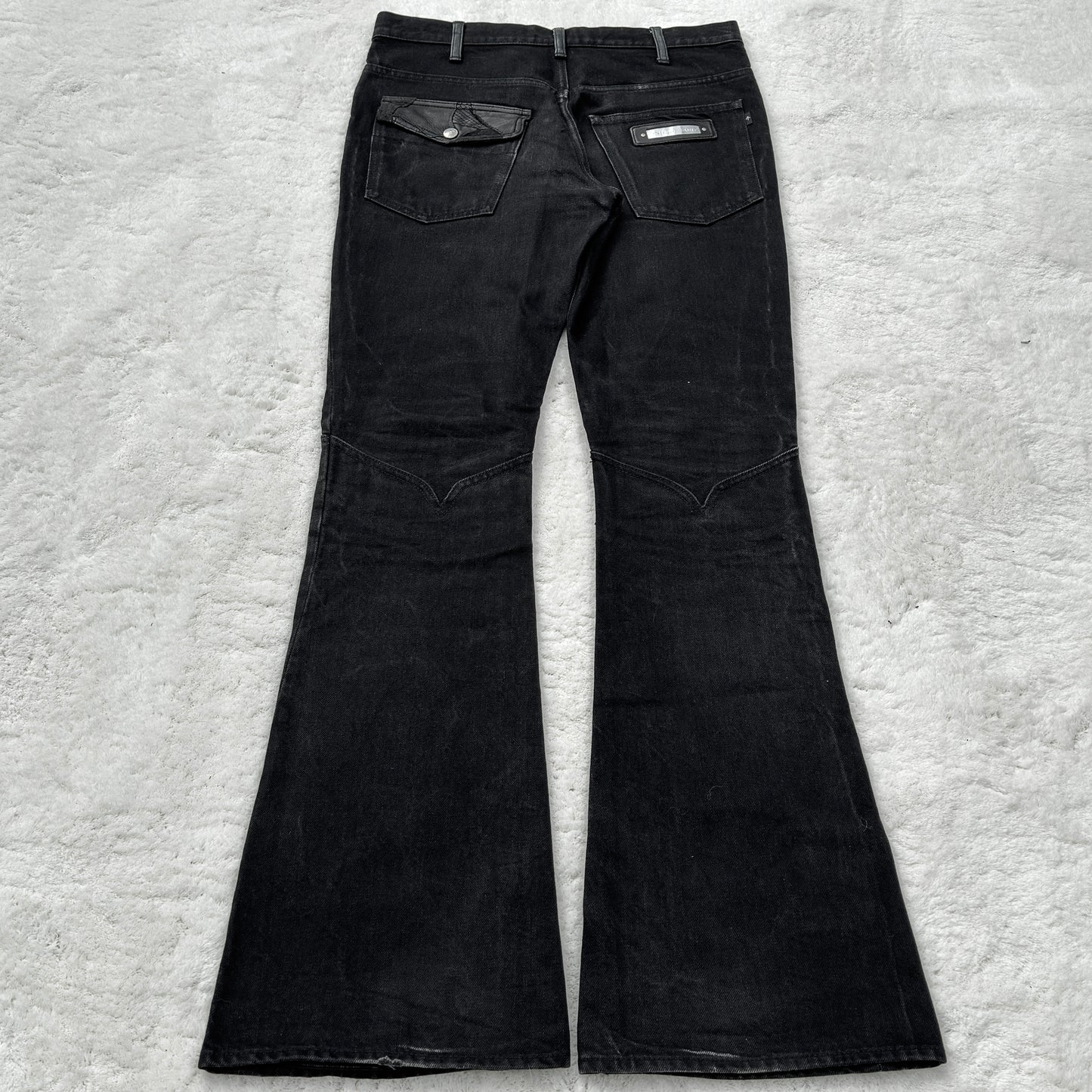 Back Bone Snakeskin Leather Patchwork Flared Jeans
