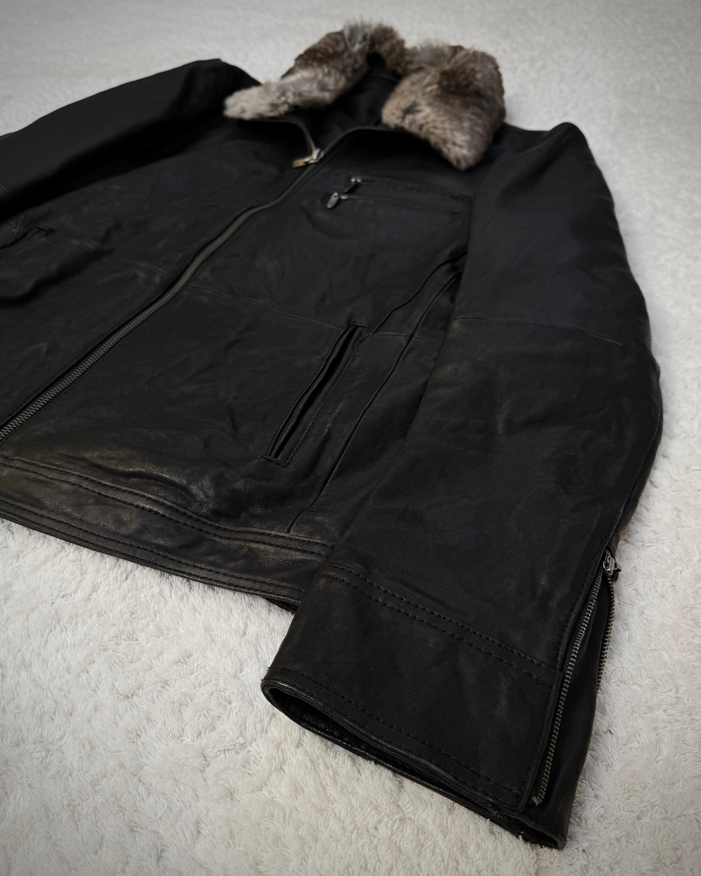Comme Ça Men Rabbit Fur Collar Sheepskin Leather Jacket