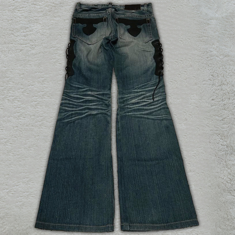 Tornado Mart Leather Tassel Lace-Up Flared Jeans