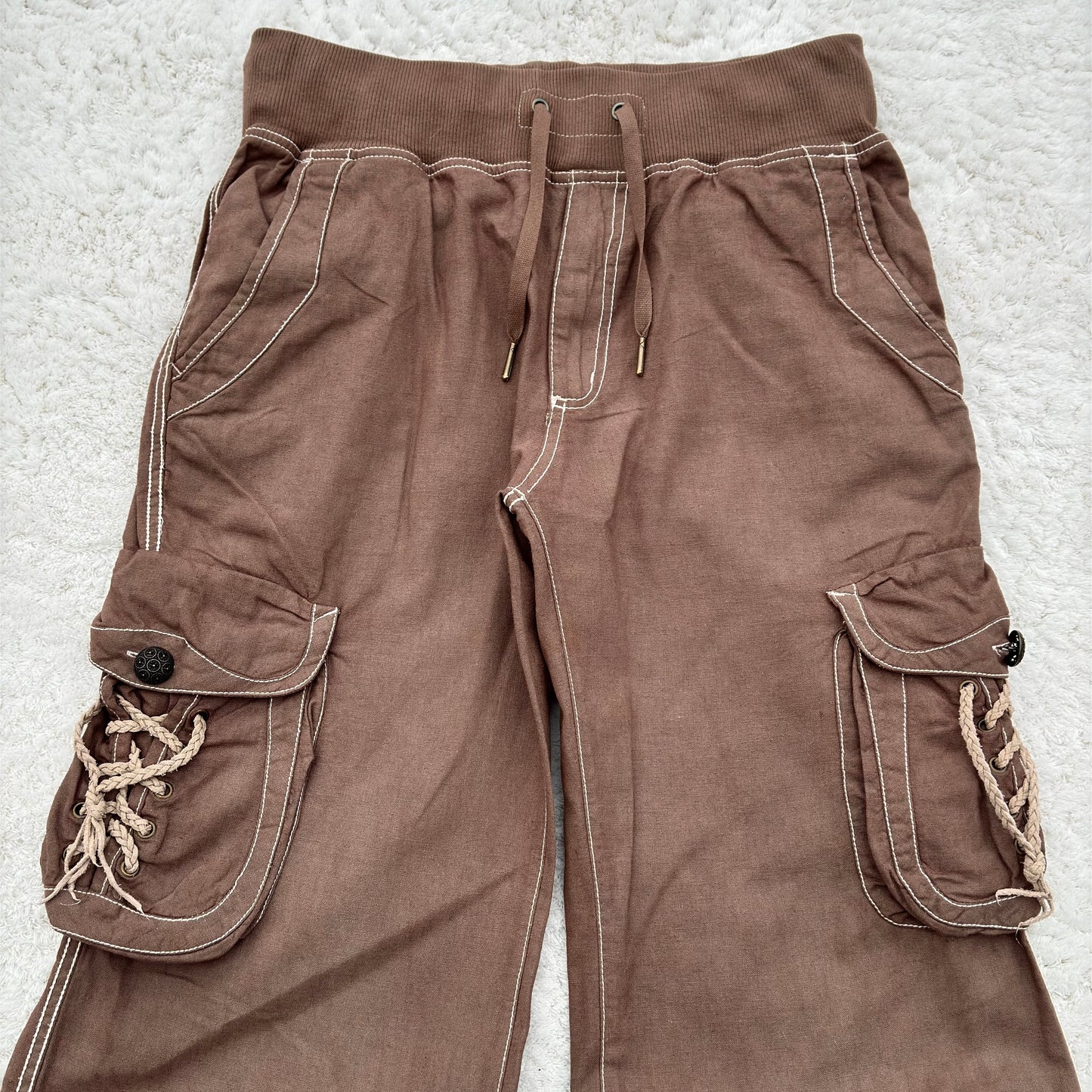 G.O.A Braided Leather Lace-Up Pockets Flared Cargo Sweatpants