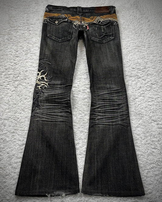 Tornado Mart Cyber Tribal Embroidery Flared Jeans
