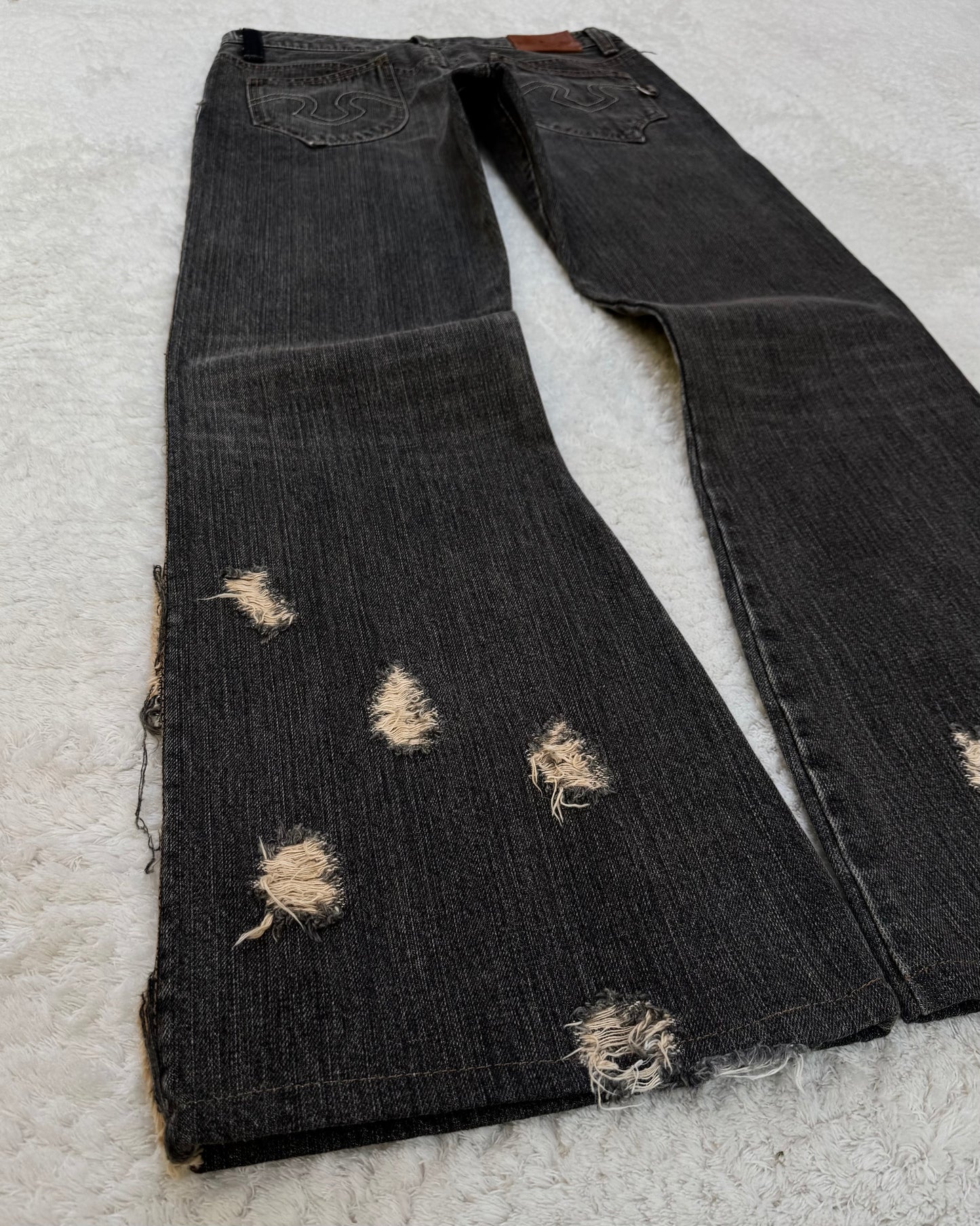 Obelisk Fringe Distressed Flared Jeans