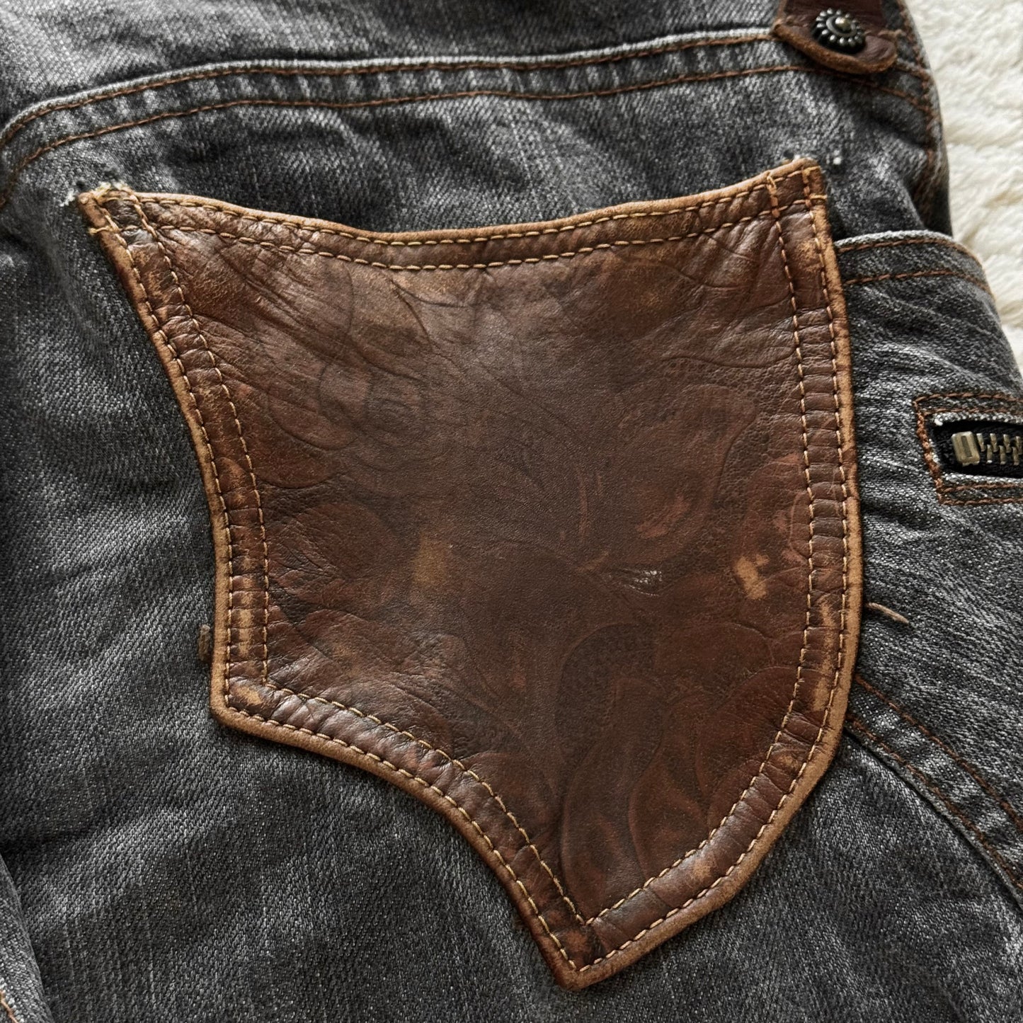 Obelisk Leather Pocket Flared Jeans