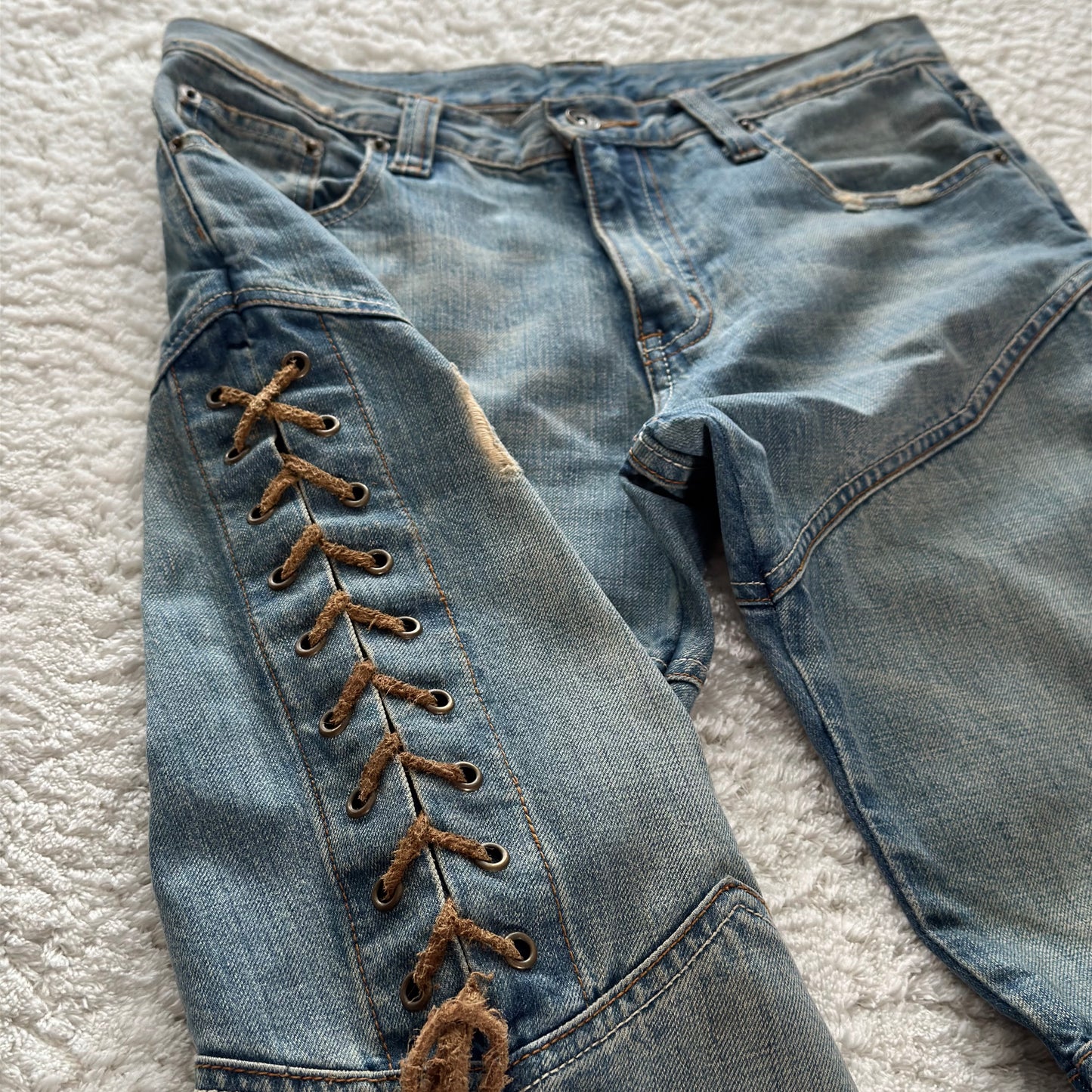 Semantic Design Thigh Leather Lace-Up Flared Jeans