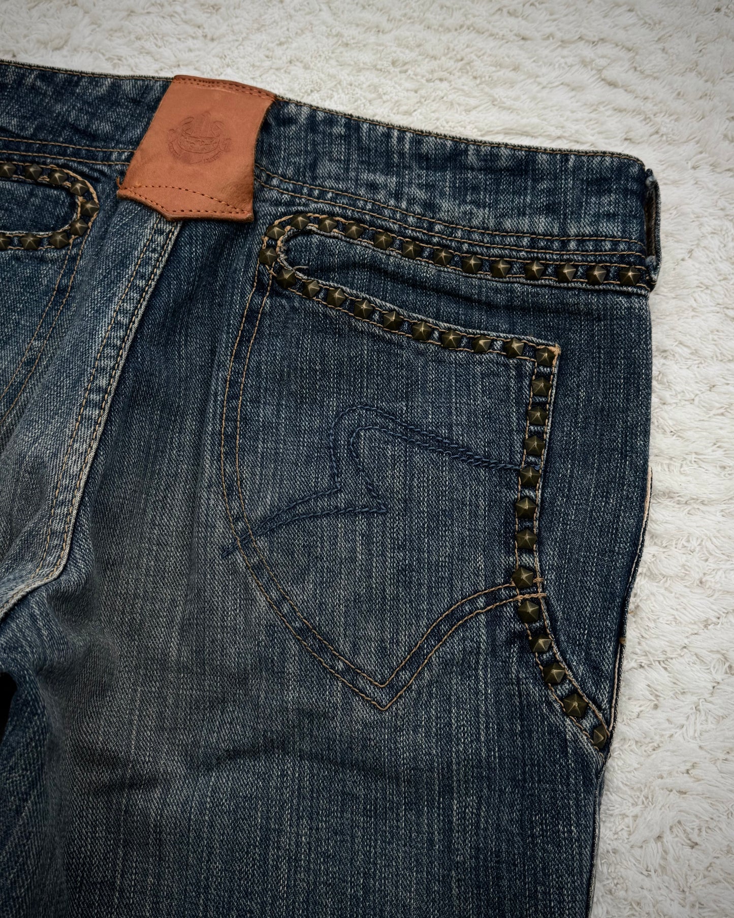 Obelisk Studded Distressed Design Flared Jeans