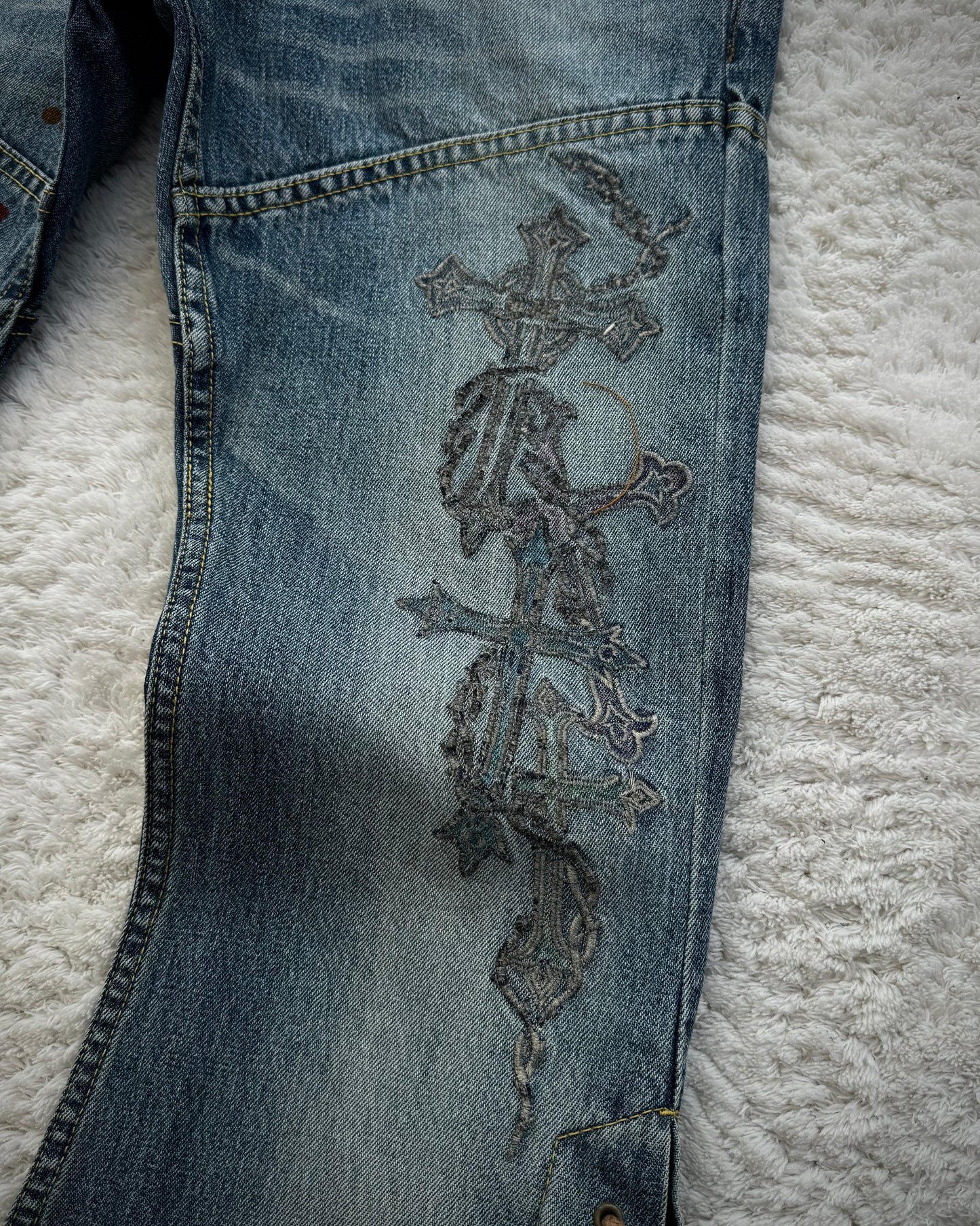 Tornado Mart Cross Embroideries Lace Up Flared Jeans